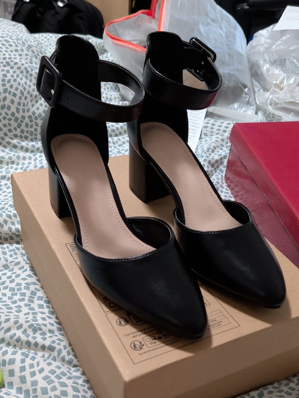 Classic Black Ankle-Strap Block Heel Pumps